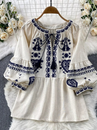 Embroidered Tie Neck Blouse