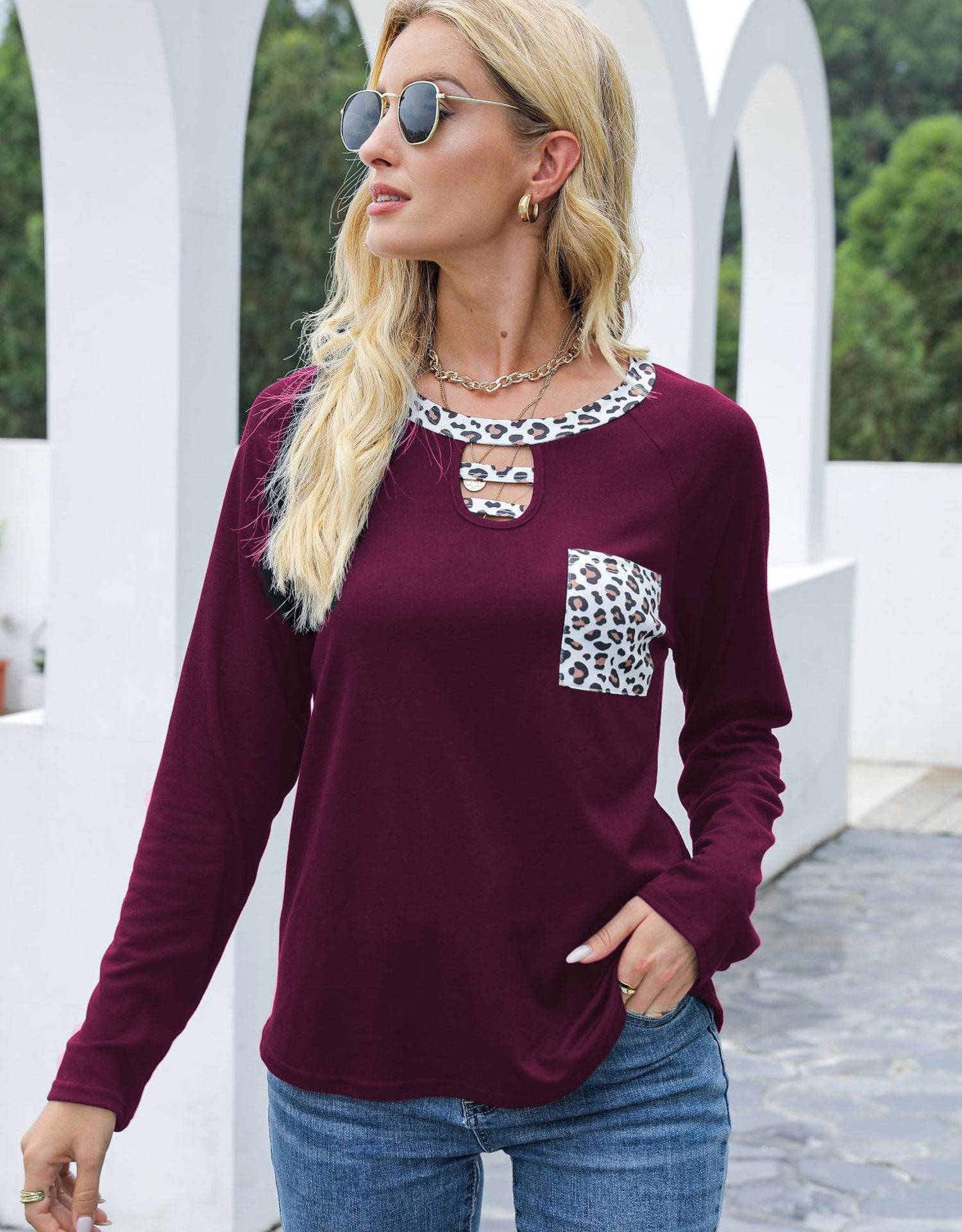 Burgundy cutout leopard round neck long sleeve t-shirt