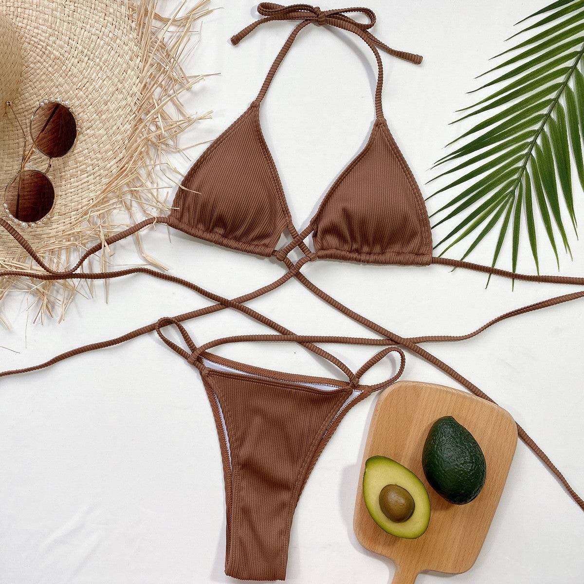 Front view of brown crisscross ribbed bikini set