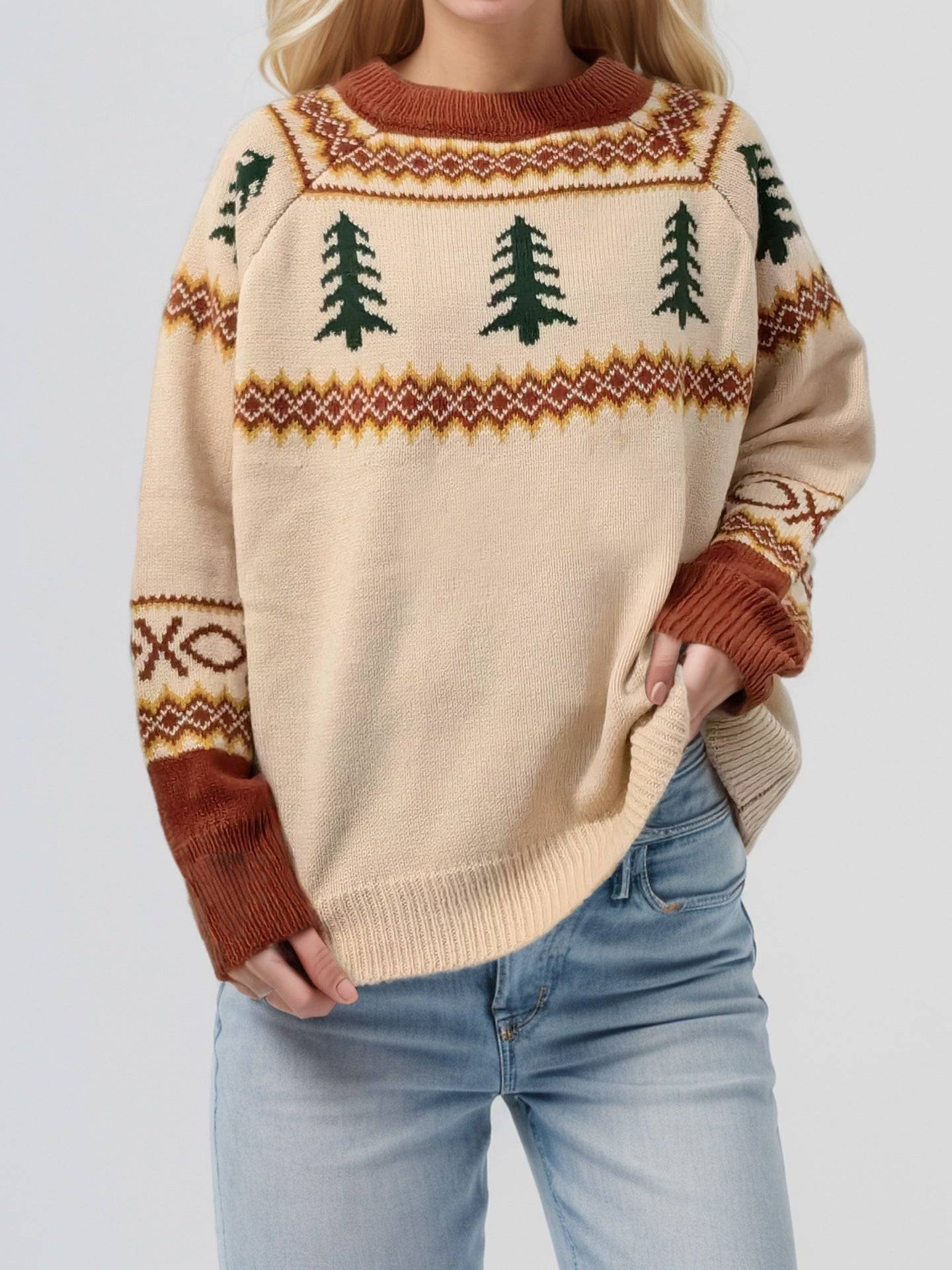 Graphic round neck sweater with tree design, front view