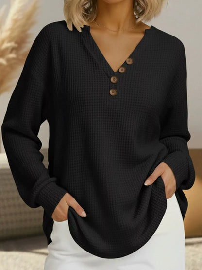Full Size Waffle Knit V-Neck T-Shirt Plus Size