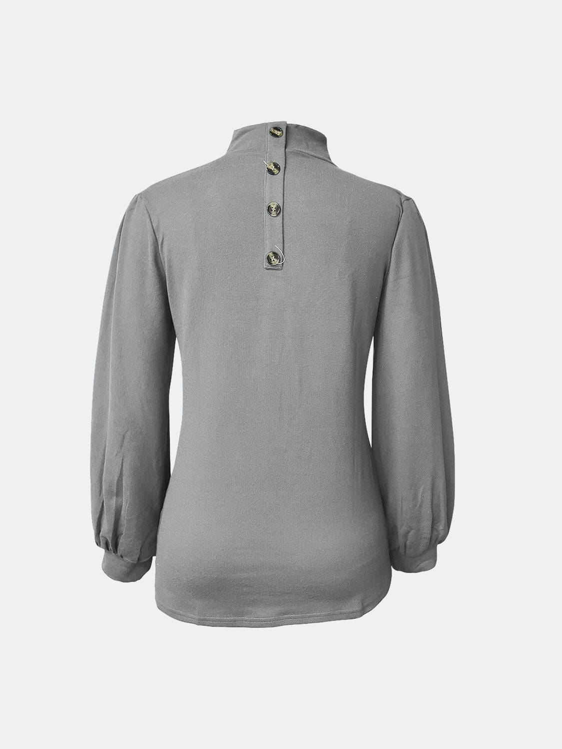 Gray full size mock neck long sleeve t-shirt, back view