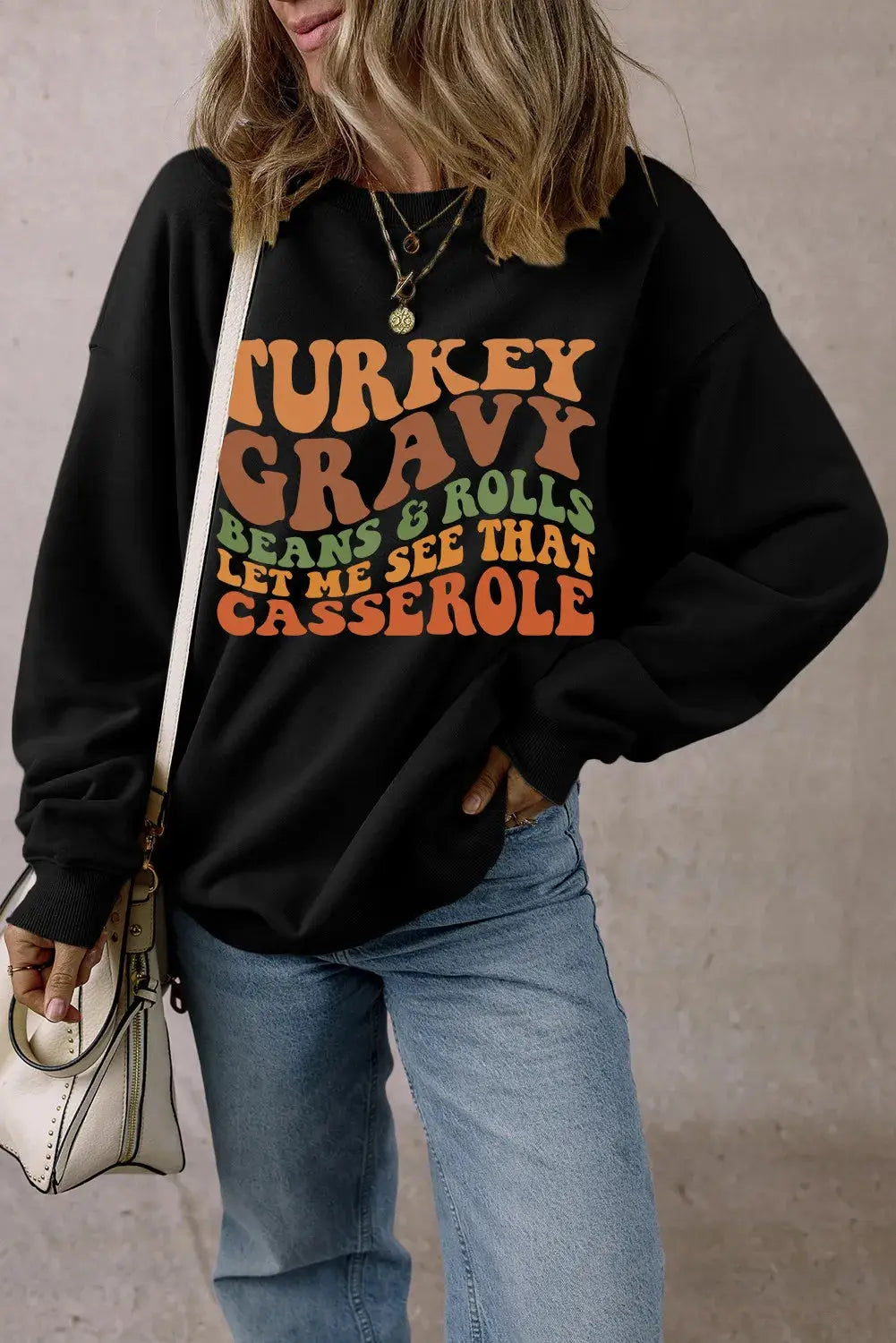 Thanksgiving-themed graphic sweatshirt in black