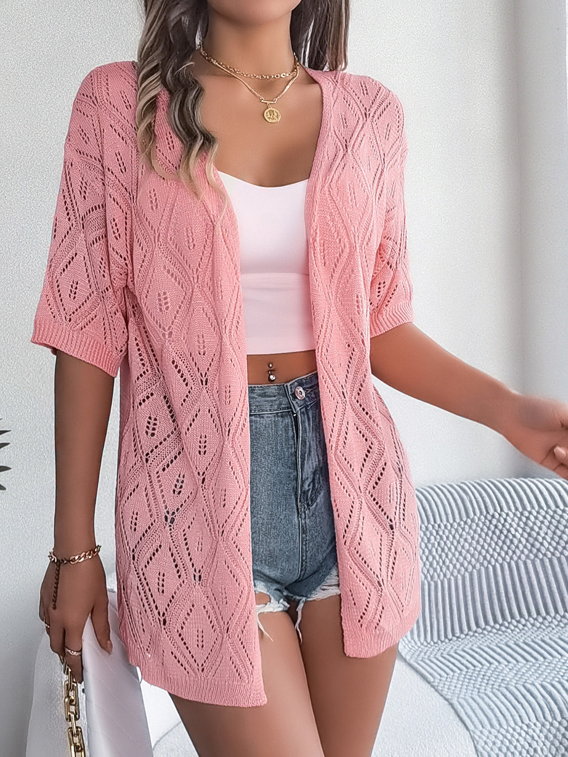 Openwork Open Front Half Sleeve Cardigan