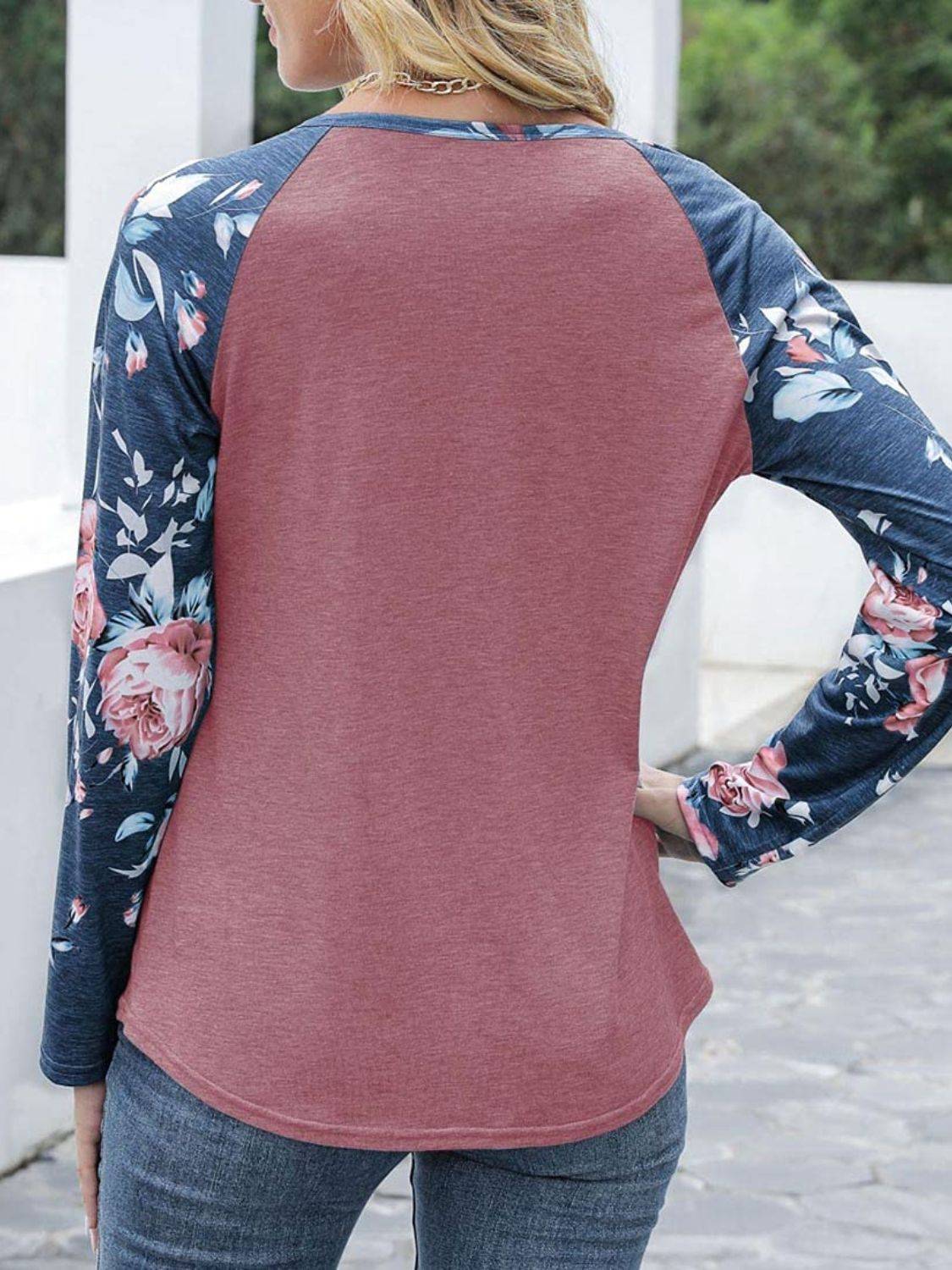 Pink floral long sleeve T-shirt, back view