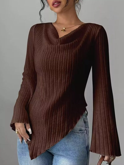 Cowl Neck Ribbed Knit T-Shirt