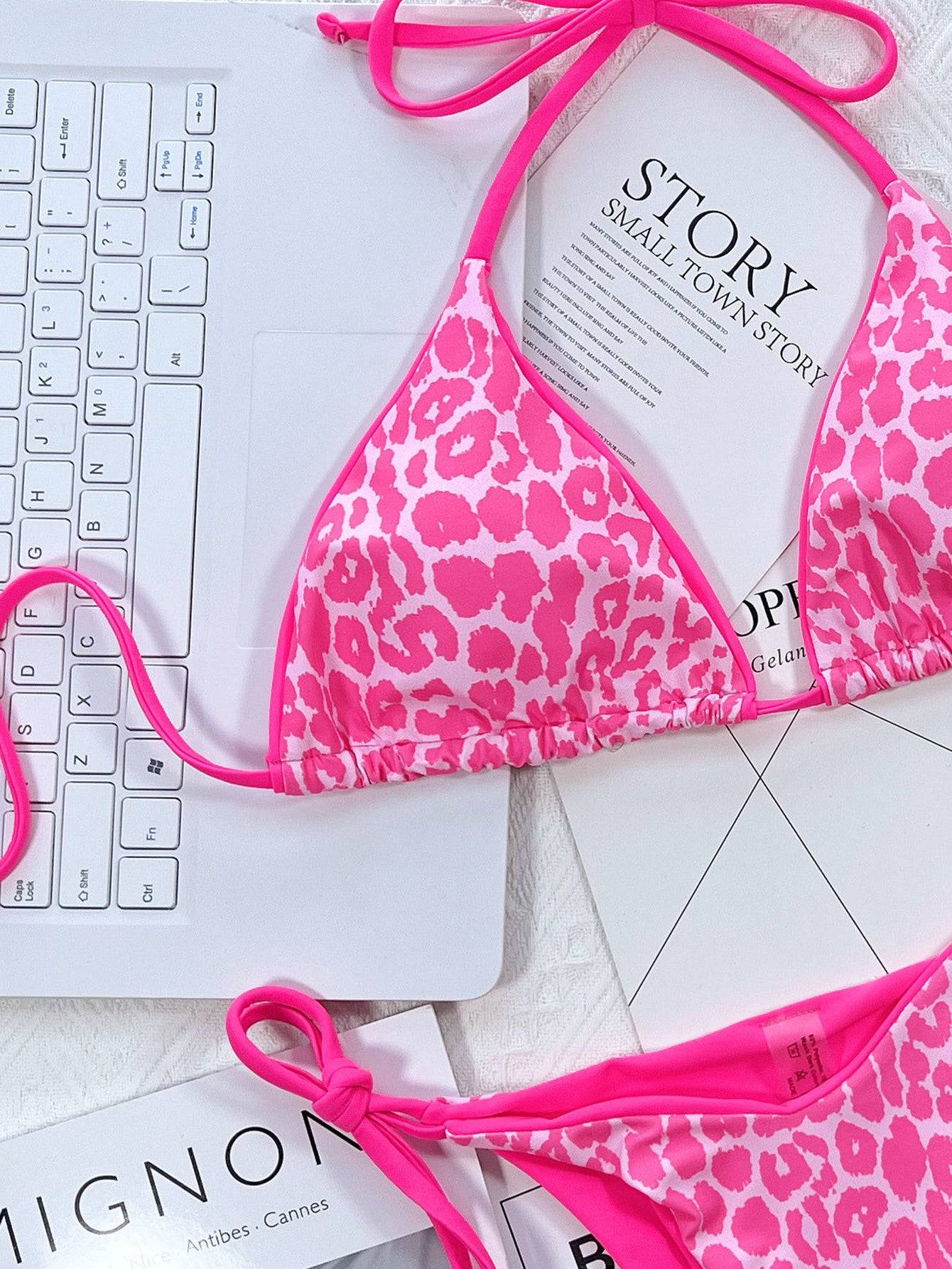 Close-up of pink leopard print bikini top