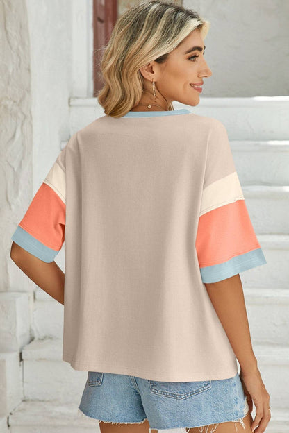 Back view of beige color block round neck t-shirt