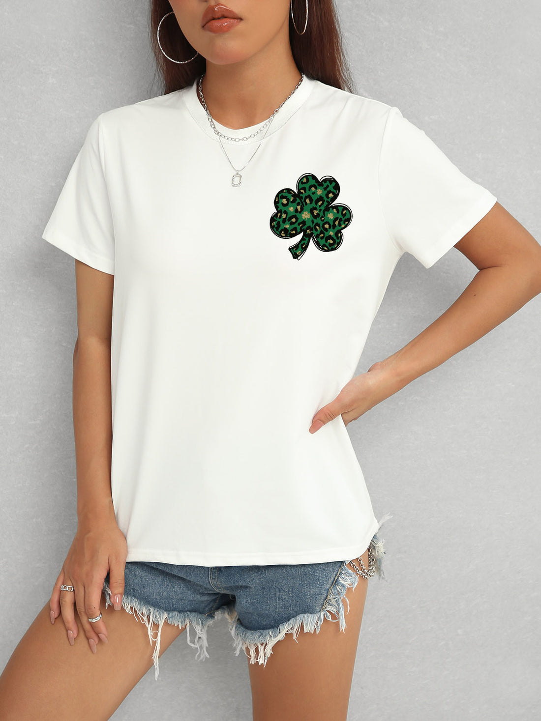 White Lucky Clover Round Neck T-Shirt