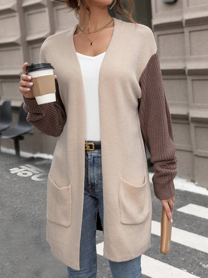 Perfee Contrast Open Front Long Sleeve Cardigan