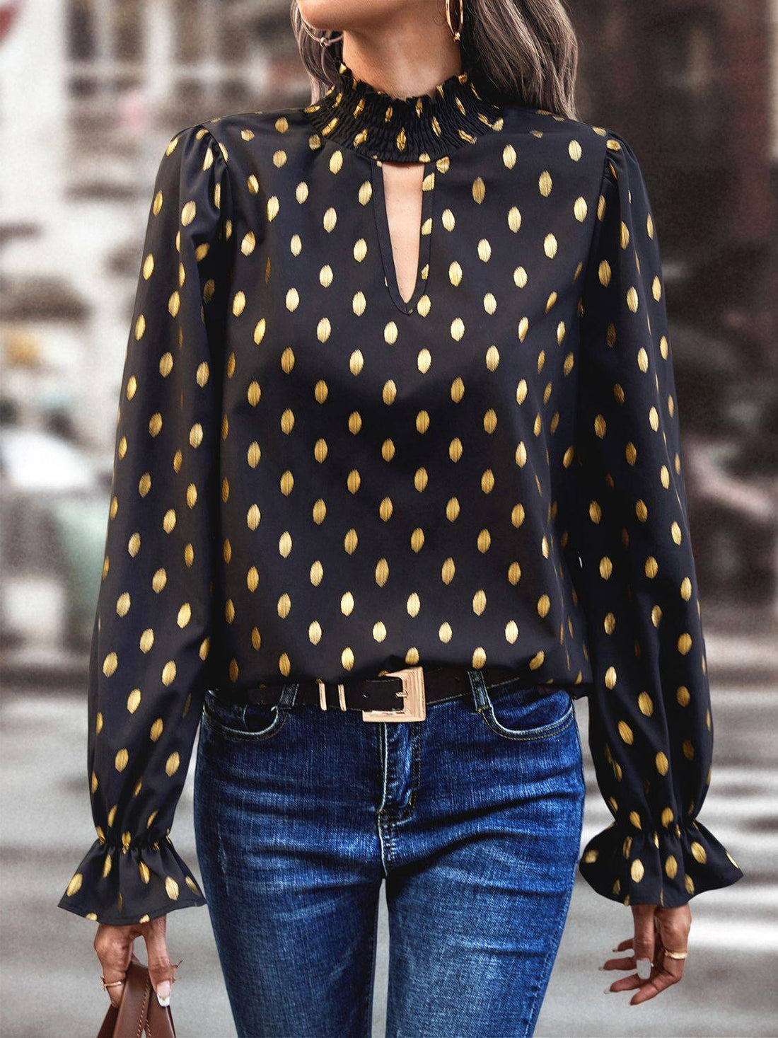 Cutout printed mock neck blouse with flounce sleeves, front view