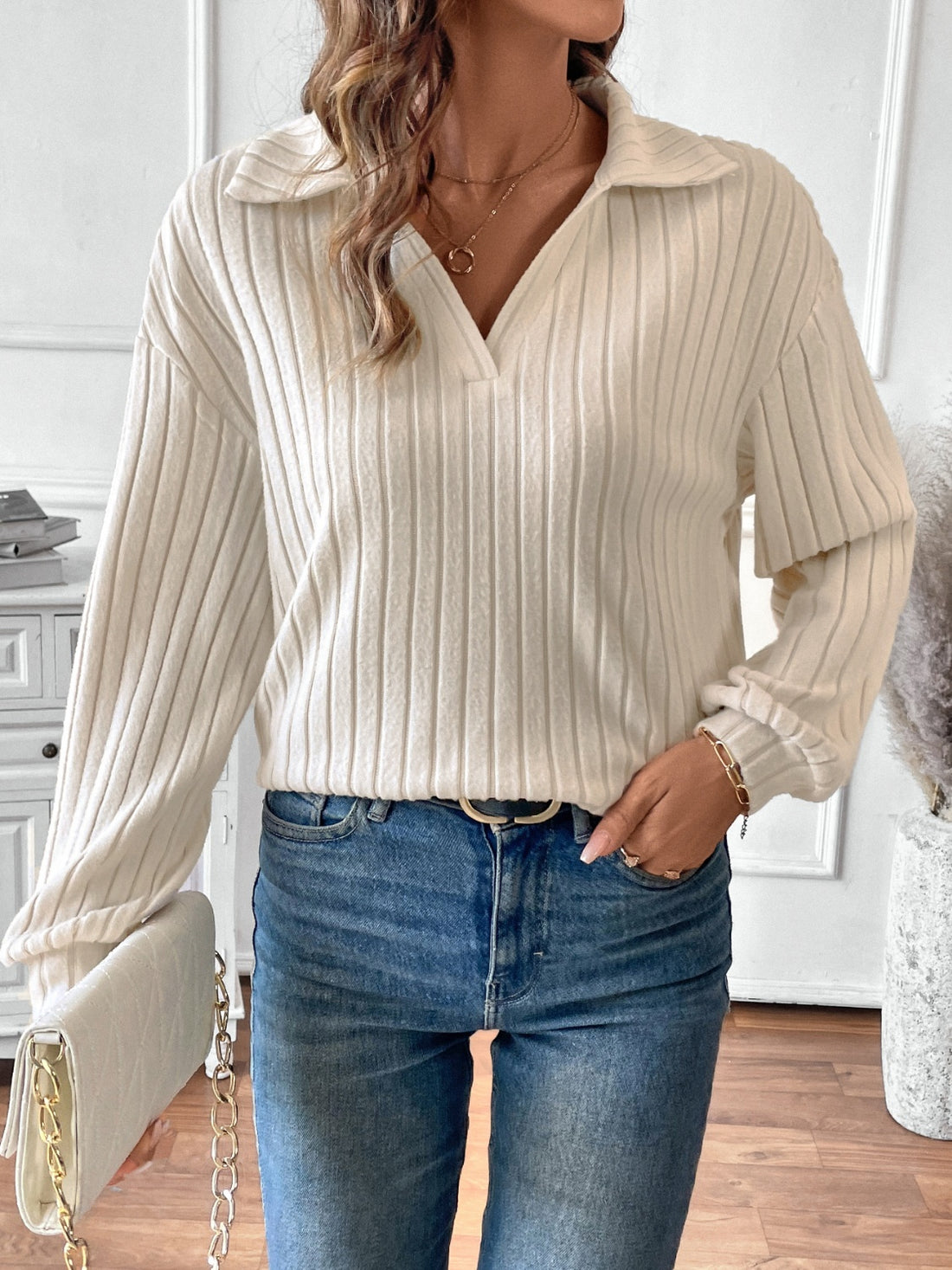 Ribbed Johnny Collar Long Sleeve T-Shirt front view