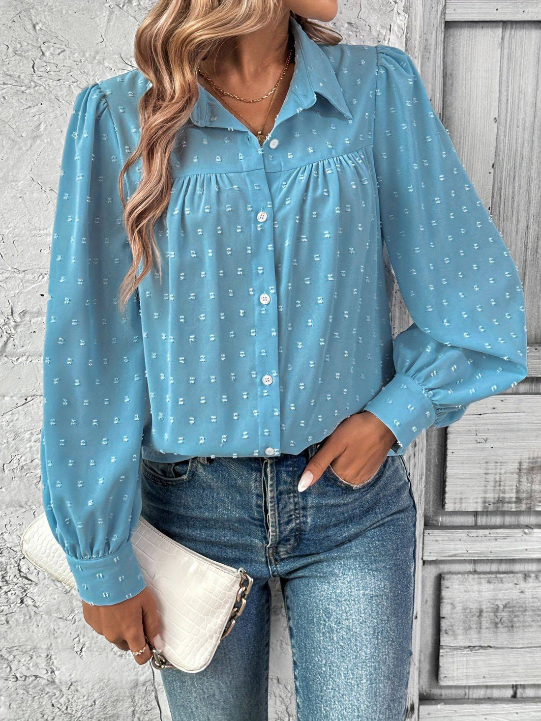 Blue Swiss dot collared long sleeve shirt, front view