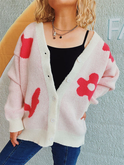 Flower Button Down V-Neck Long Sleeve Cardigan