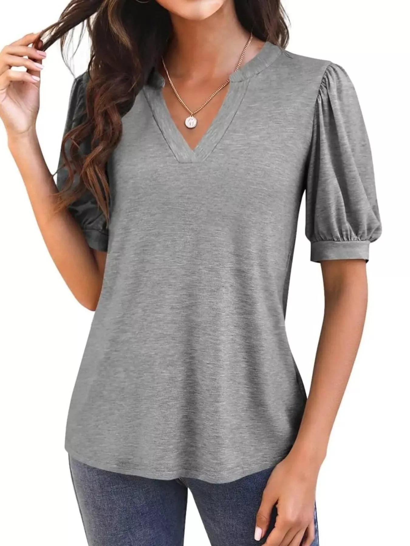 Puff Sleeve Notched Casual T-Shirt
