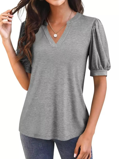 Puff Sleeve Notched Casual T-Shirt