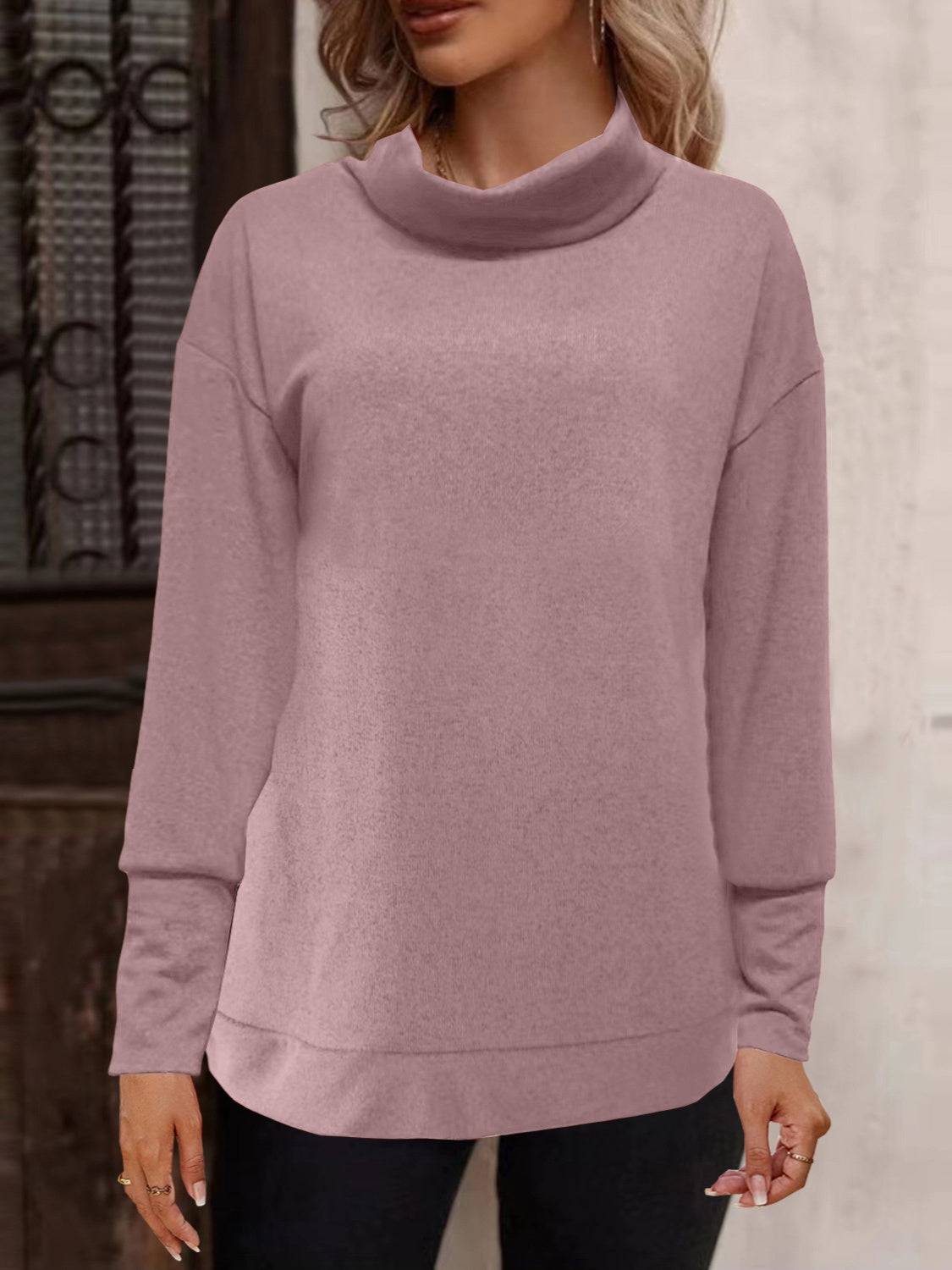 Pink full size mock neck long sleeve t-shirt, front view