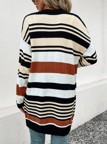 Perfee Striped Open Front Drop Shoulder Cardigan