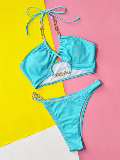 Flat lay of halter neck chain bikini set