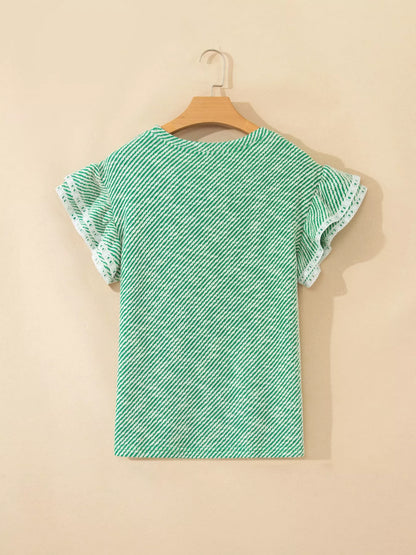 Twilled Print Lace Trim Ruffled Short Sleeve Blouse
