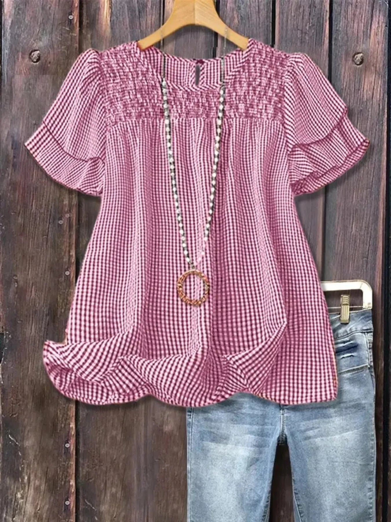 Full Size Gingham Smocked Ruffle Sleeve Blouse Plus Size