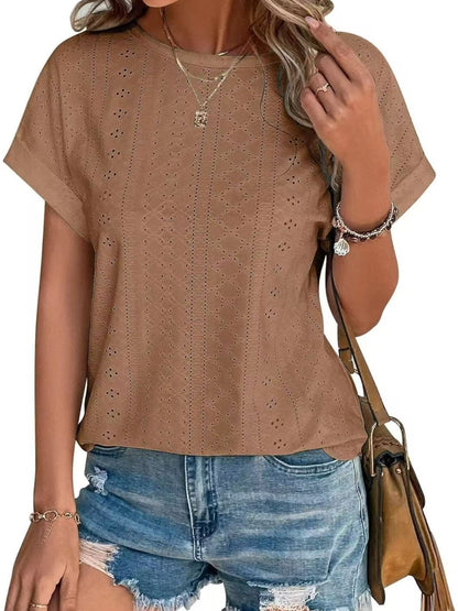 Eyelet Round Neck Short Sleeve Top