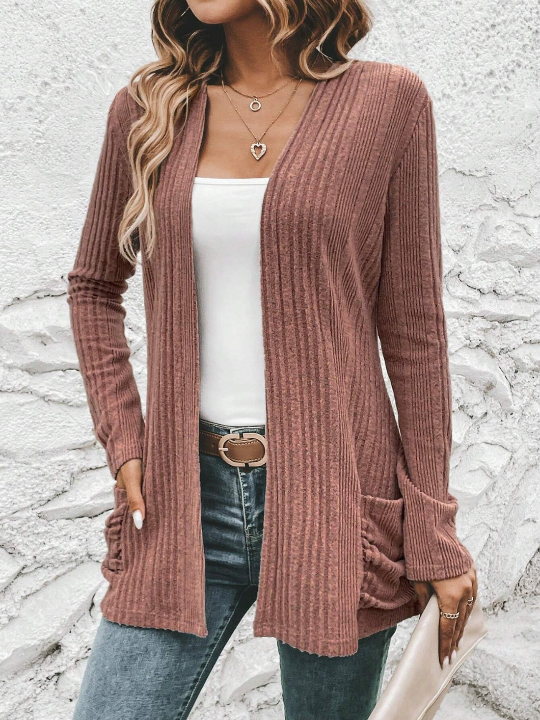 Ribbed Open Front Cardigan with Pockets