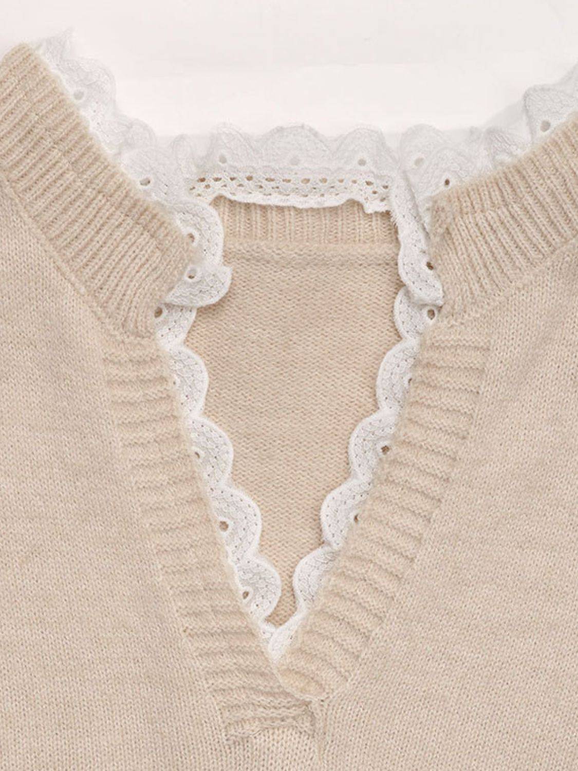 Perfee Lace Detail Notched Long Sleeve Sweater