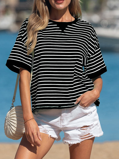 Stripe Ribbed Patchwork Seam Detail Half Sleeve Tee