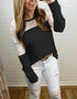 Black waffle-knit lace round neck long sleeve t-shirt