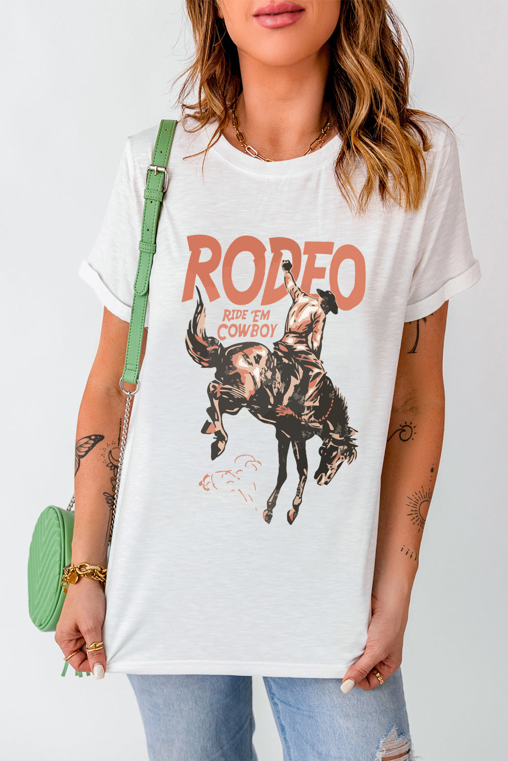 White cowboy graphic round neck t-shirt, short sleeves.