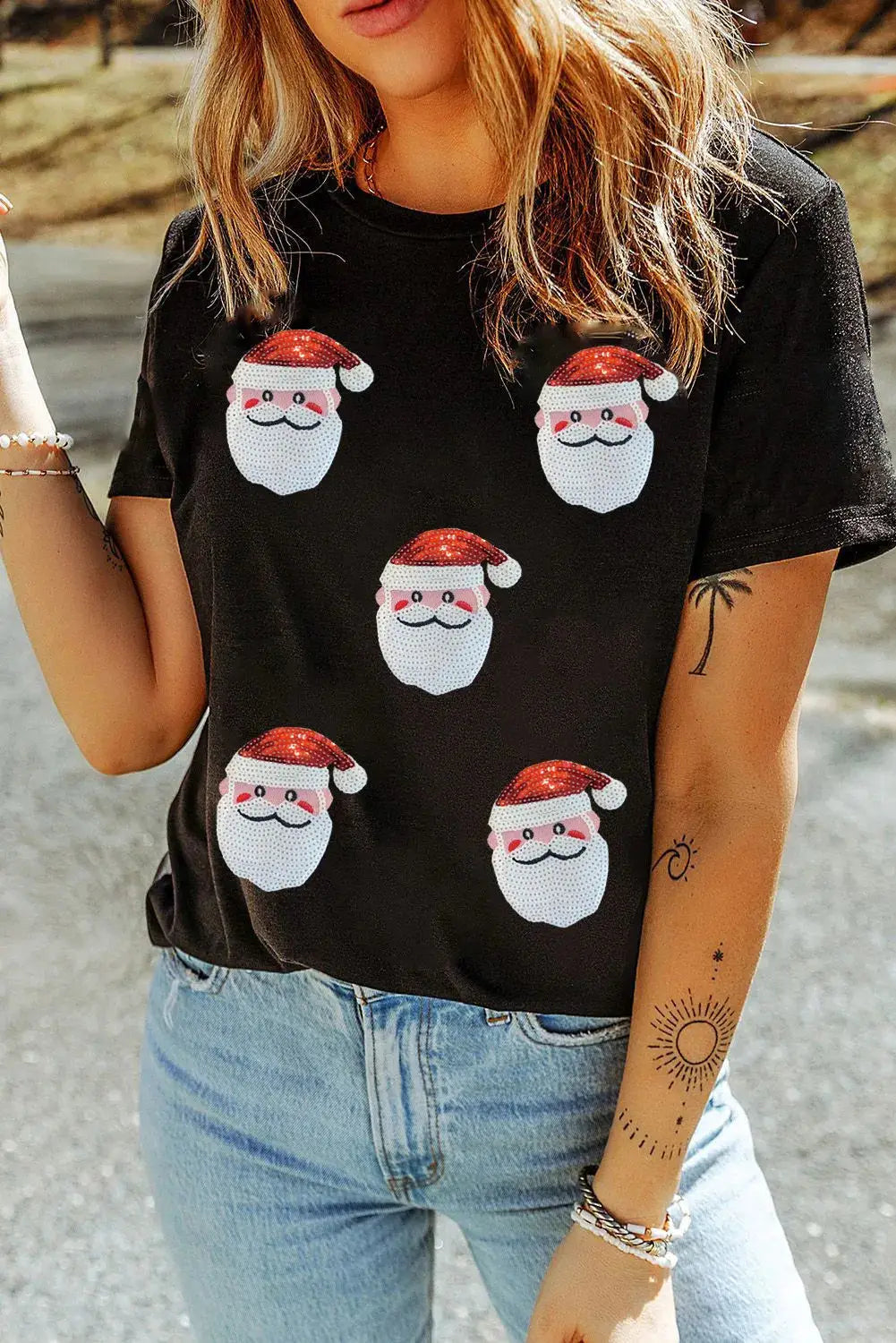 Black sequin Santa round neck short sleeve T-shirt