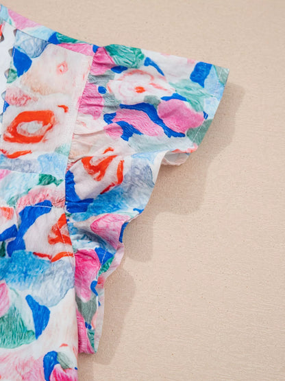 Floral Print Tie V Neck Contrast Detail Ruffle Short Sleeve Blouse
