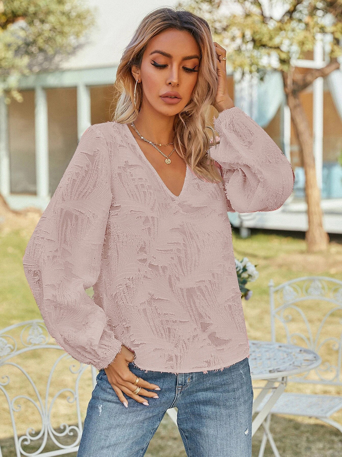 V-Neck Long Sleeve Blouse