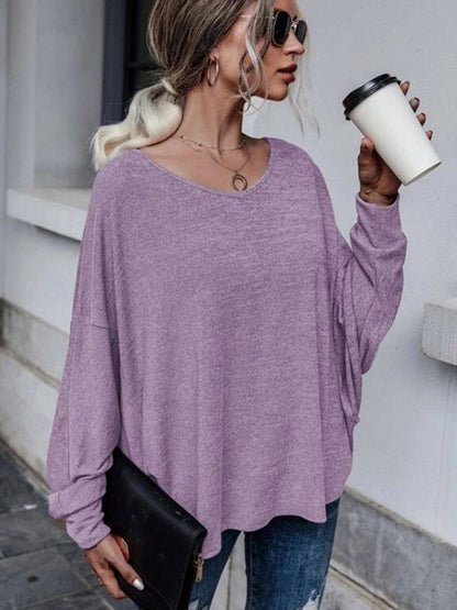 Purple drop shoulder long sleeve T-shirt, front view