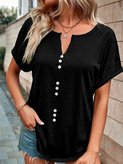Full Size Decor Button Short Sleeve T-Shirt Plus Size
