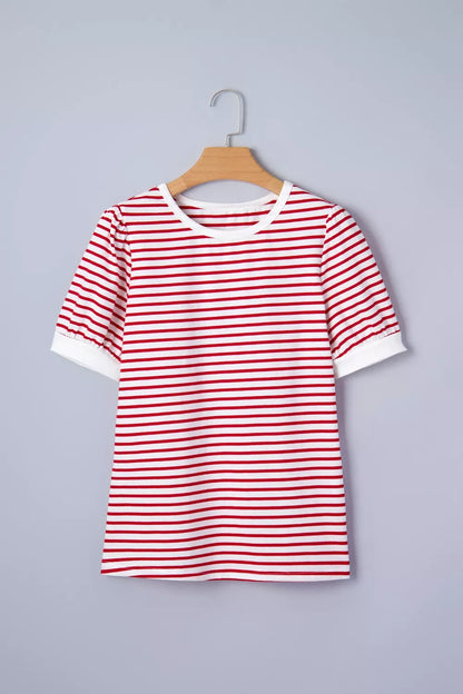 Stripe Contrast Trim Round Neck Short Puff Sleeve T Shirt