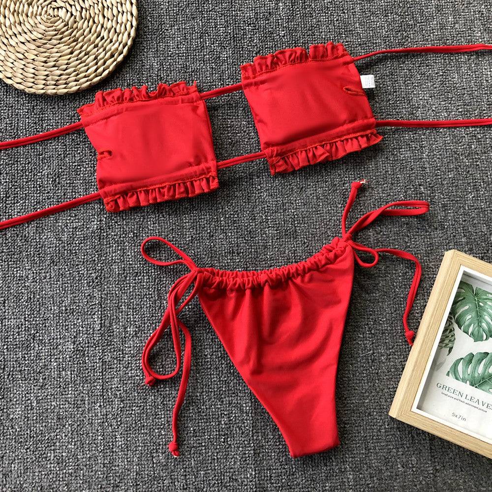 Red frill trim ruched bikini set flat lay