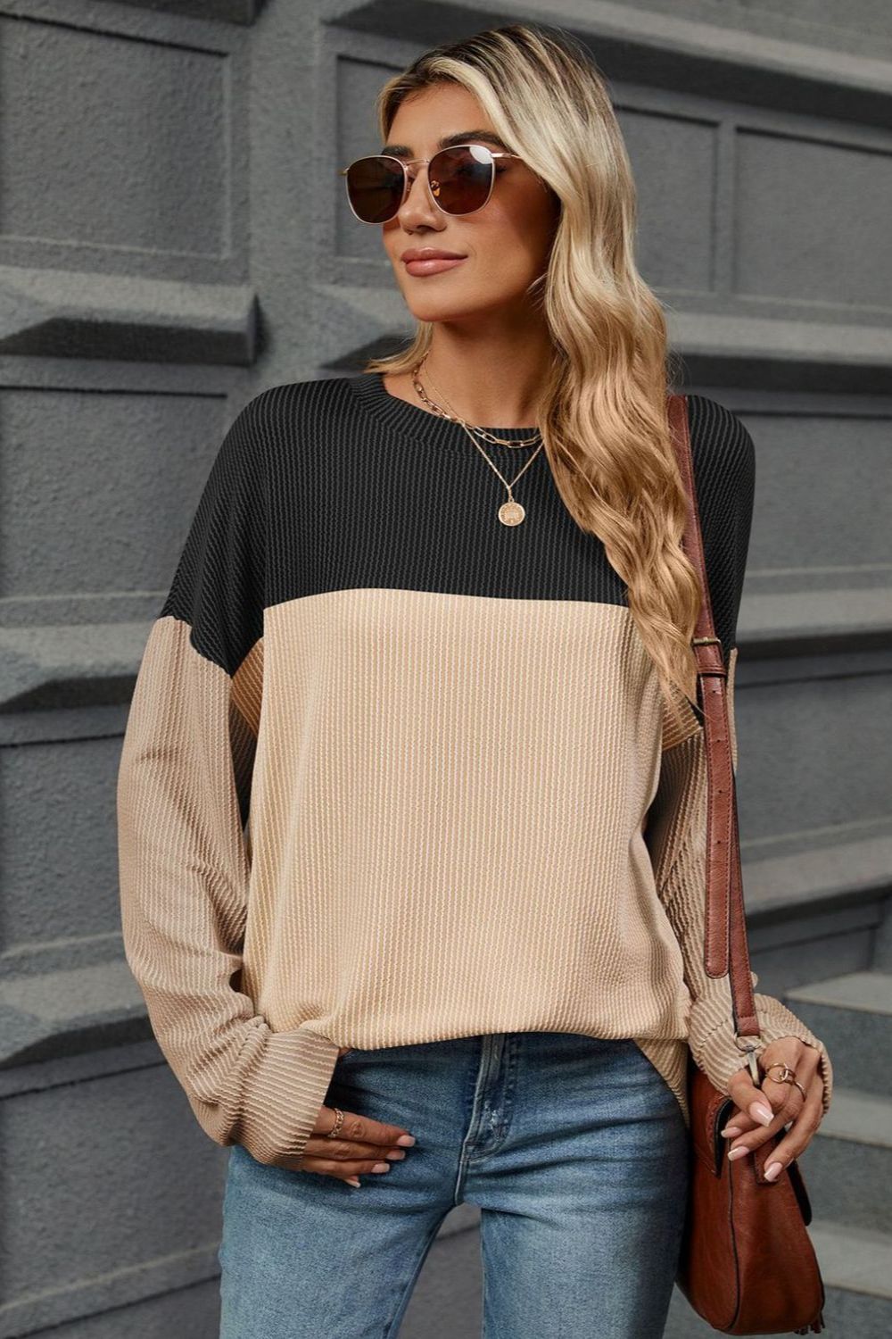 Double Take Contrast Round Neck Long Sleeve T-Shirt