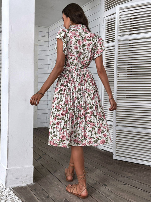 Sommerliches, mittellanges weißes Kleid mit europäischem und amerikanischem Retro-Rock-Print