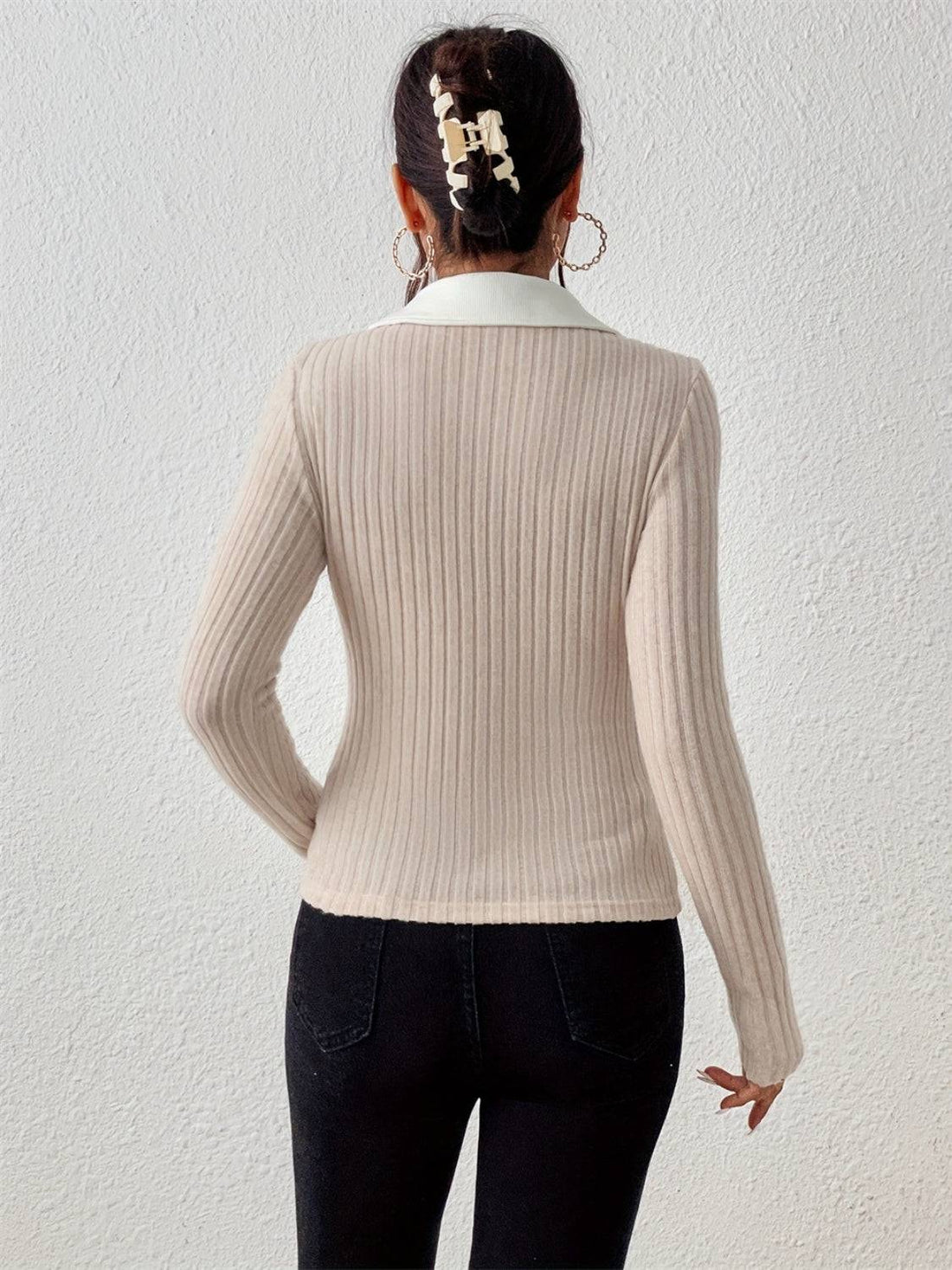 Beige Johnny collar long sleeve t-shirt, back view