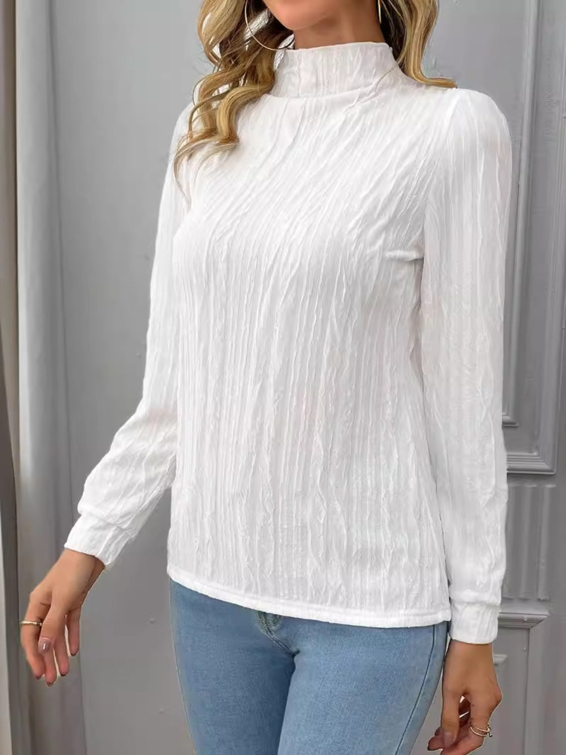 Texture Mock Neck Long Sleeve Top