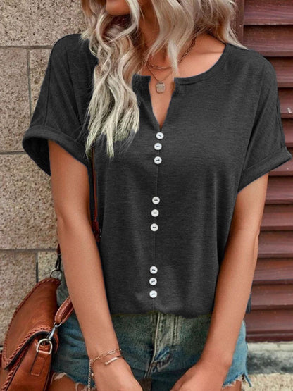 Full Size Decor Button Short Sleeve T-Shirt Plus Size