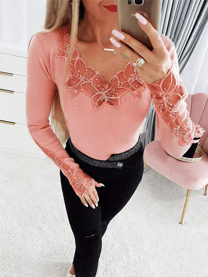 Elegant Lace Trim Long Sleeve Top