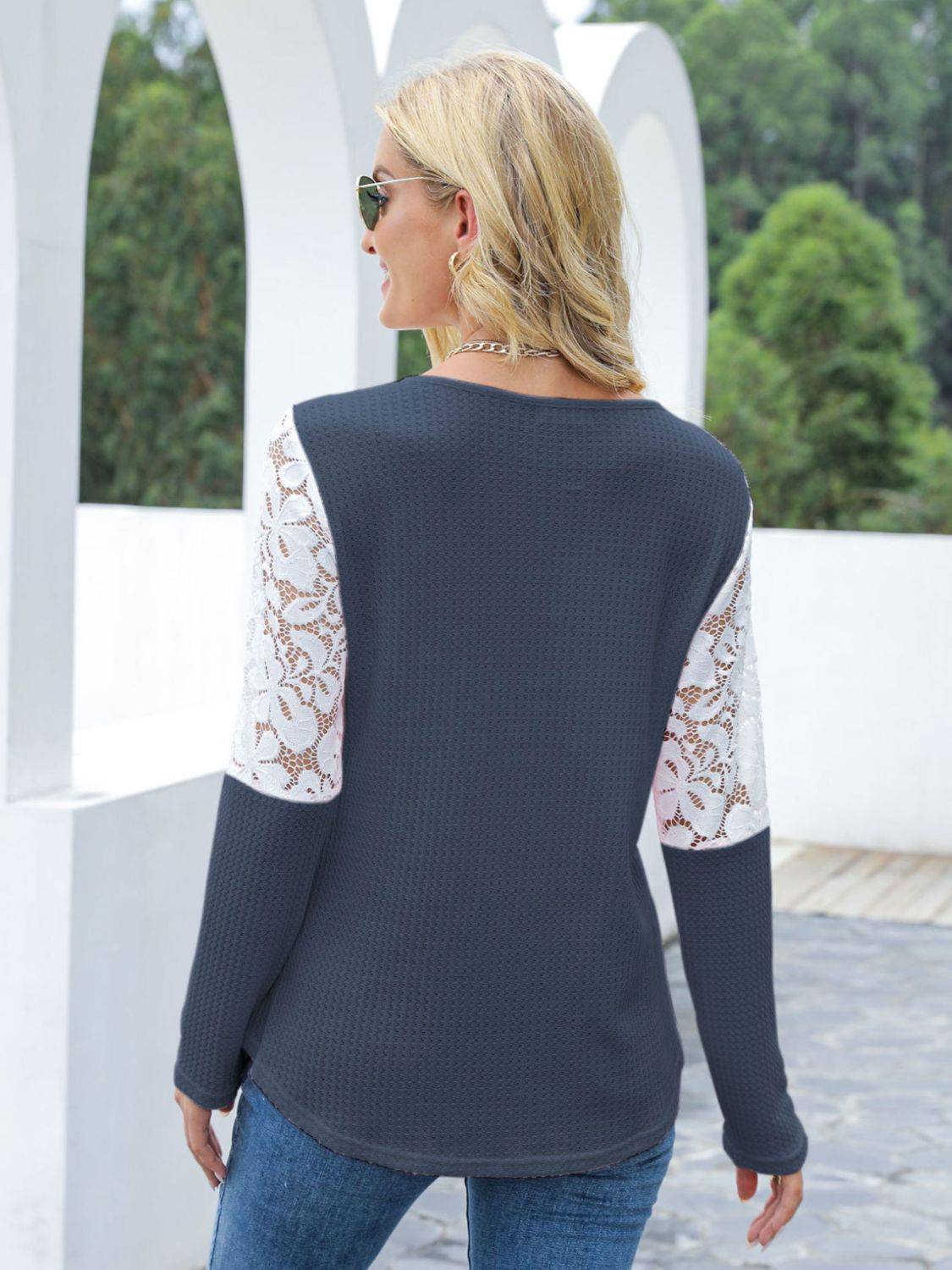 Back view of blue lace round neck long sleeve t-shirt