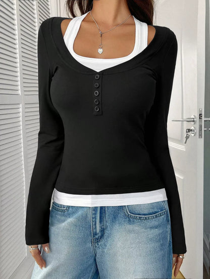 Contrast Long Sleeve Fake Two-Piece T-Shirt