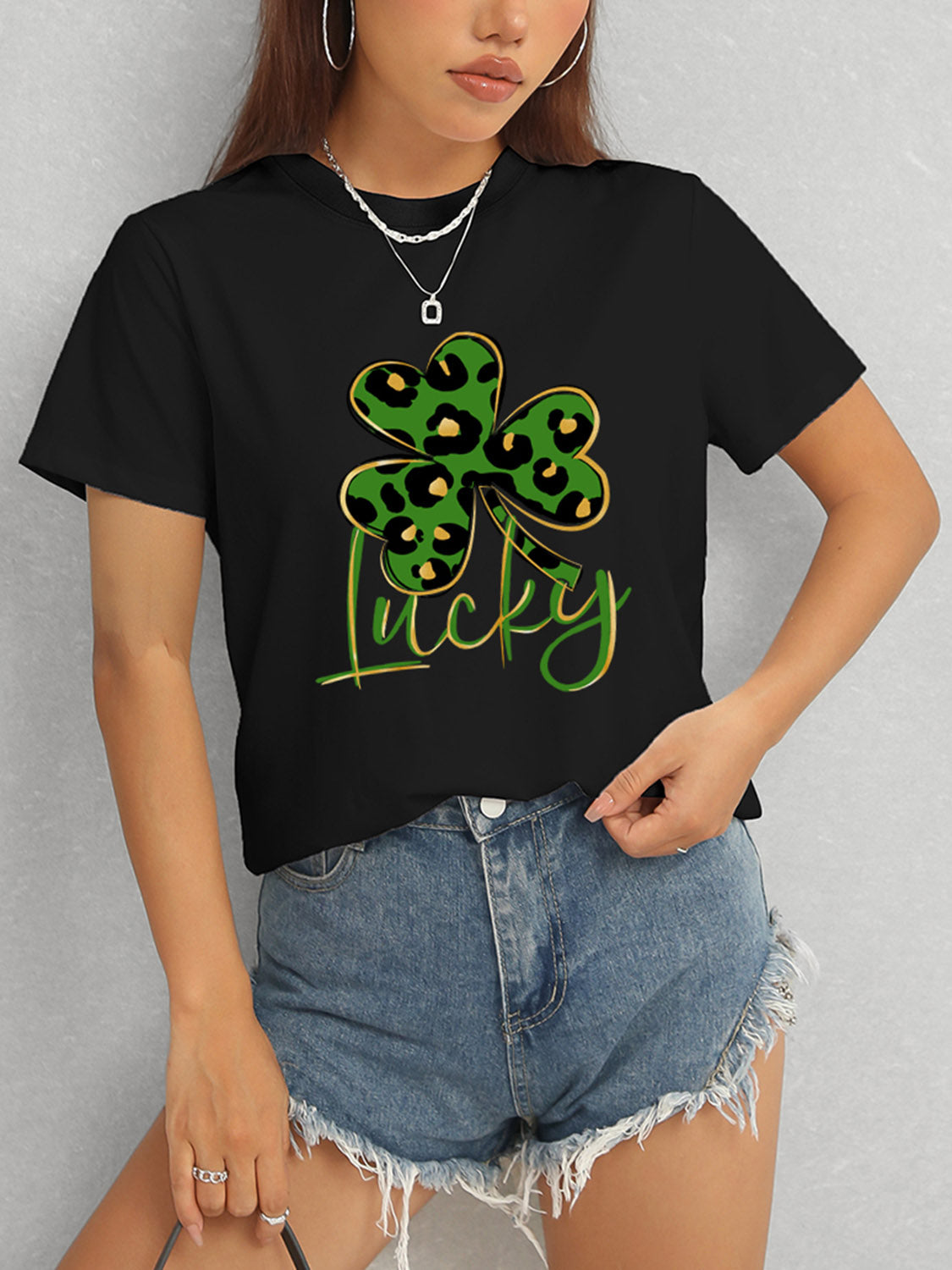 Lucky Clover Round Neck Short Sleeve T-Shirt