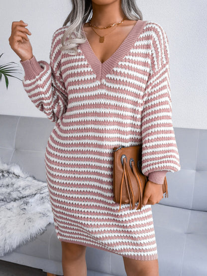 Striped V-Neck Long Sleeve Mini Sweater Dress