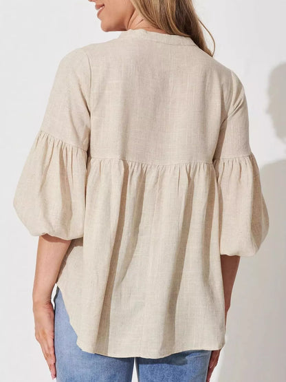 Notched Balloon Sleeve Blouse