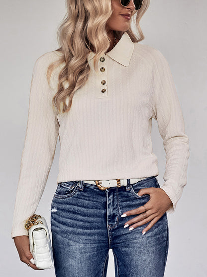 Perfee Collared Neck Buttoned Long Sleeve Top